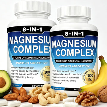 Magnesium Complex Supplement 8 Elemental 1000mg with Glycinate,Citrate for Muscle, Recovery, Stress, Energy, Bone Health, Vegan Non-GMO 180 Capsules, Magnesium Supplement for Women, Men, 2 Bottle caicieter Au supplements