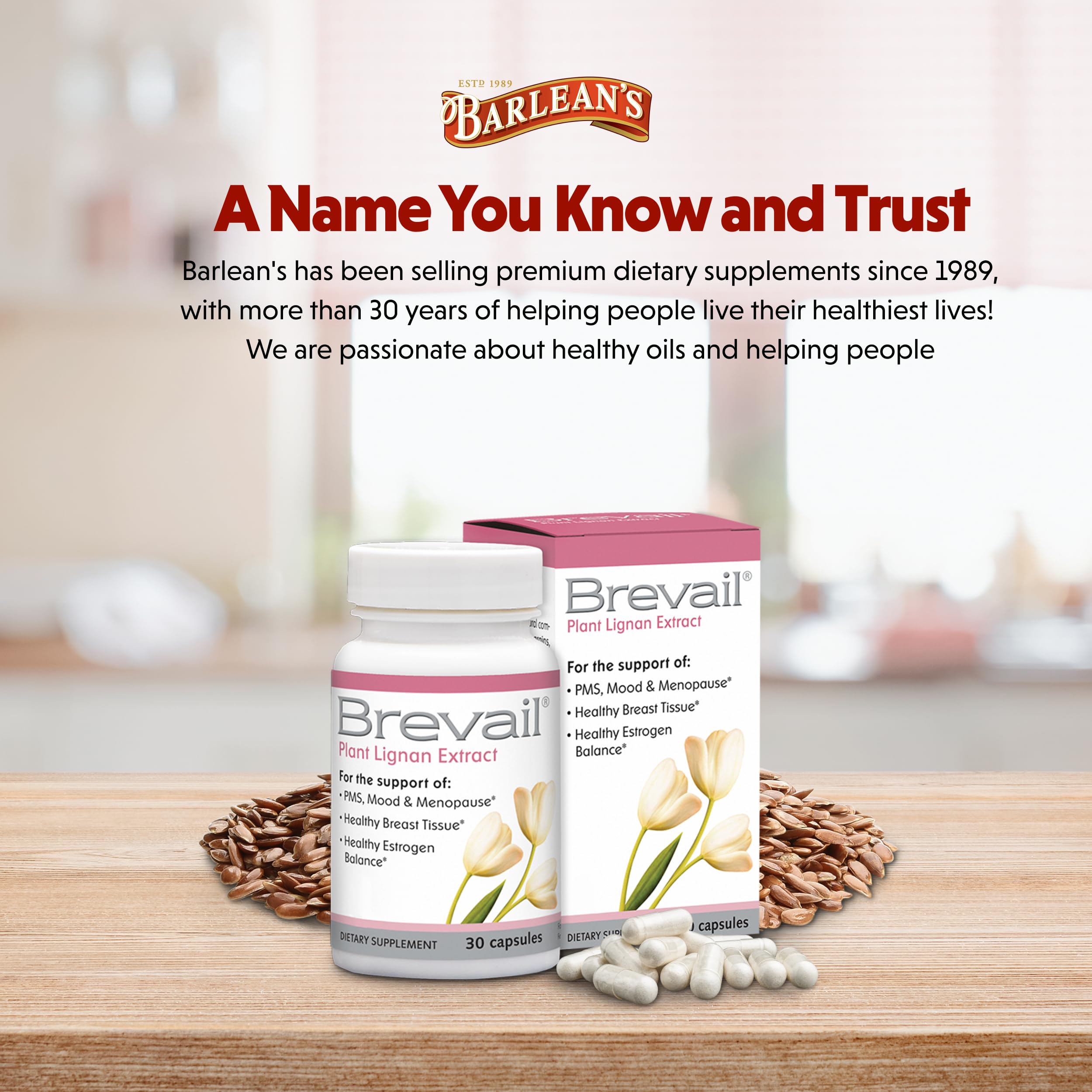 Brevail Plant Lignan Extract Capsules, Proactive Breast Health Supplement with 50 mg SDG Lignans from Flax Seed Hulls for Healthy Estrogen Balance and PMS Mood Support Pills, 30 Count Barlean's Au supplements