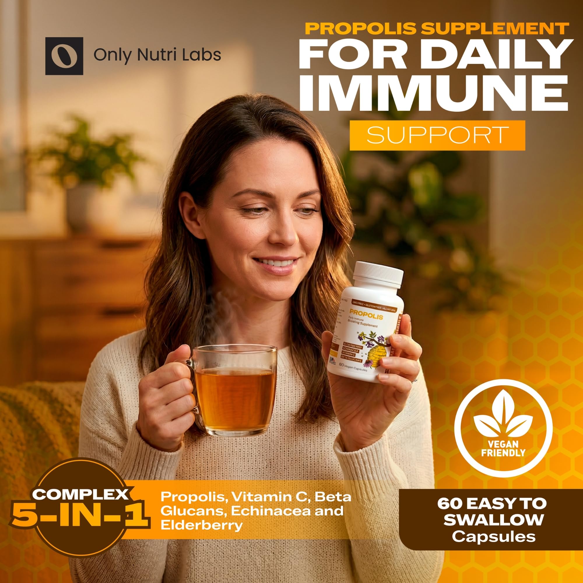 Only Nutri Labs Bee Propolis Dietary Supplement, with Elderberry, Echinacea, Vitamin C and Beta Glucans - Daily Wellness Capsules for Adults (60 Count) Only Nutri Labs Au supplements