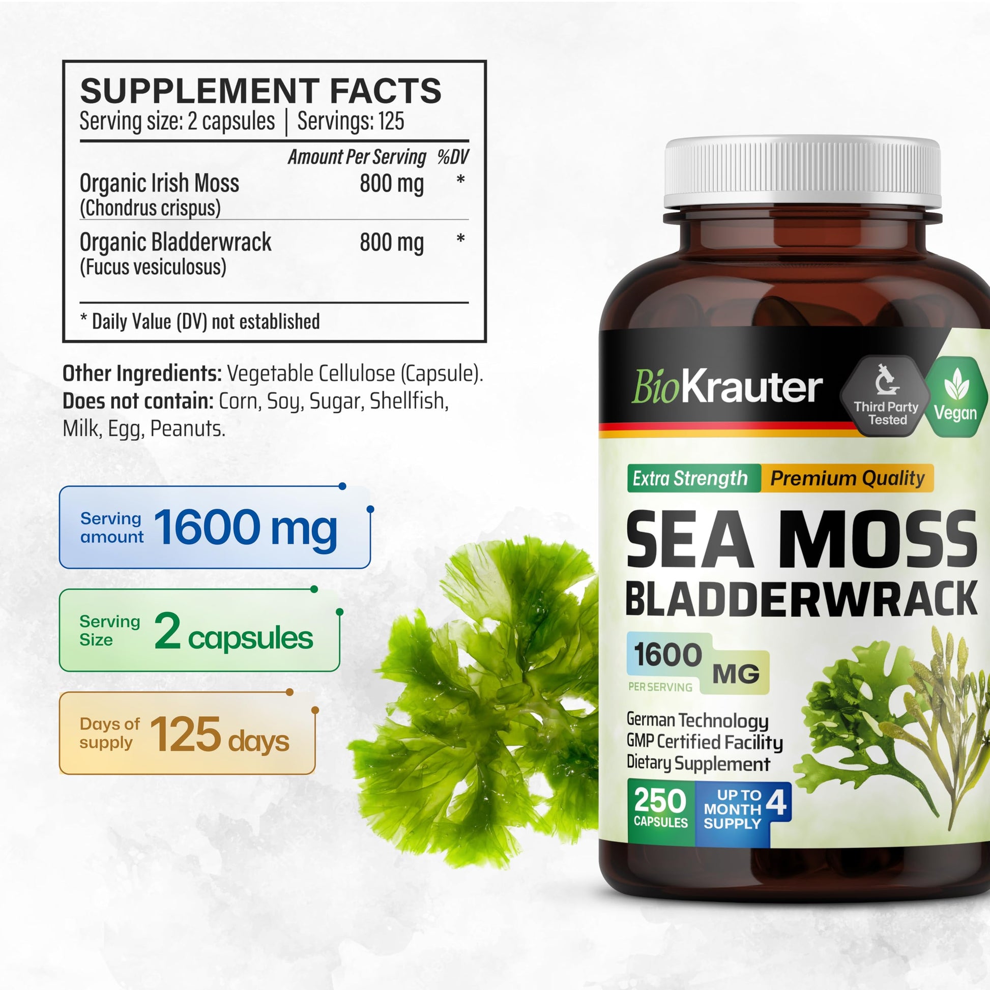 BIO KRAUTER® 2-in-1 Sea Moss for Thyroid Support - Vegan Bladderwrack & Sea Moss Capsules for Women & Men - Natural Сhondrus Сrispus Seaweed Supplement 1600 mg - 125 Days of Supply, Non-GMO BIO KRAUTER Au supplements