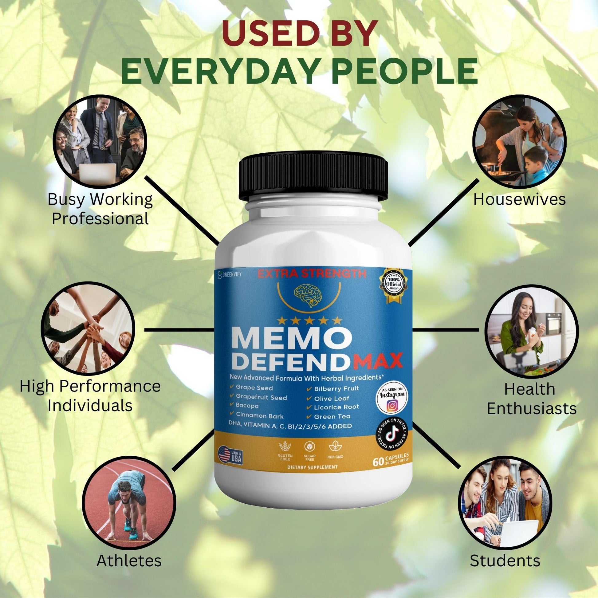 Memo Defend Max Memory Support Supplement, 60 Capsules, with Vitamins A C D E B Complex, DHA, Bacopa, Grapefruit Seed (1) GREENVIFY Au supplements