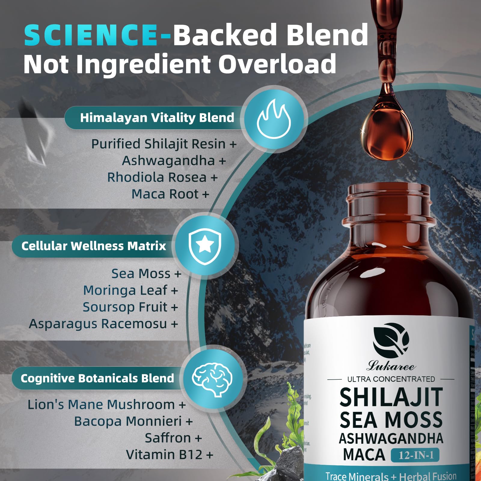 Shilajit Liquid Drops, 12-in-1 Complex - Sea Moss, Ashwagandha, Maca, Fulvic Acid, Trace Minerals, Liquid Vitamins Supplement for Men and Women, Energy, Antioxidant, Immune Support, 60ML/2 FL Oz Lukaree Au supplements