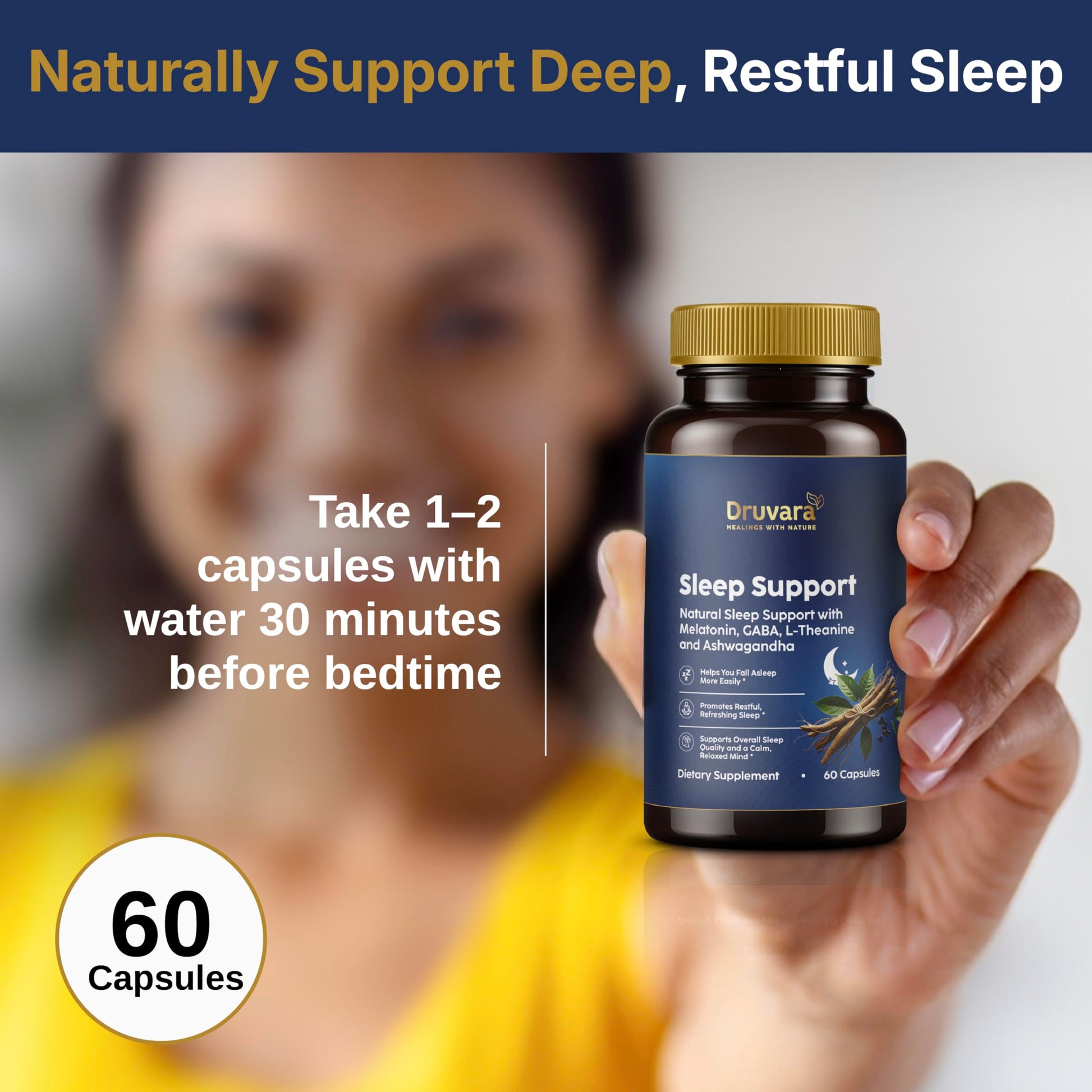 Druvara Natural Sleep Aid for Adults with Melatonin, GABA, L-Theanine & Ashwagandha, Natural Sleep Supplement for Deep, Restful Sleep - 60 Capsules Druvara Au supplements