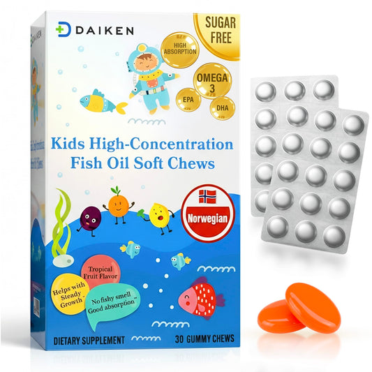 DAIKEN High Concentration Kids Fish Oil Omega-3 Gummies, No Sugar Added, Individually Wrapped, 300 mg Omega-3 (DHA & EPA) with Vitamin D3 for Kid, 30 Count, Tropical Fruit Flavor, Norwegian Sourced DAIKENAu supplements
