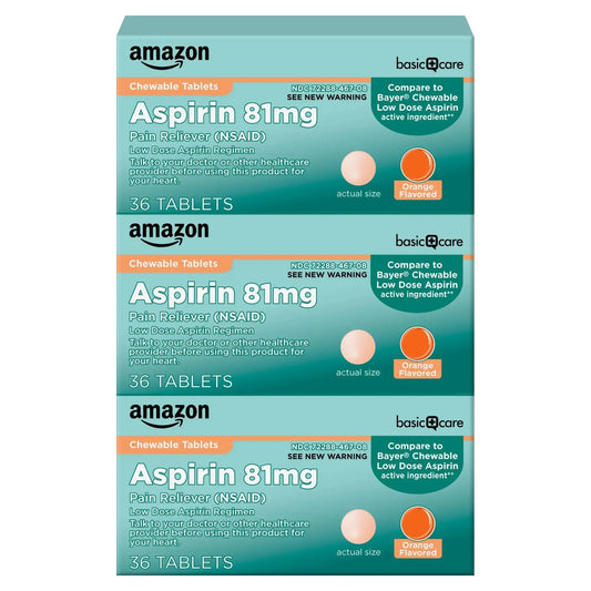 Amazon Basic Care Aspirin 81 mg Pain Reliever (NSAID) Chewable Tablets, Low Dose , Orange Flavor, 36 Count (Pack of 3) Amazon Basic CareAU supplements