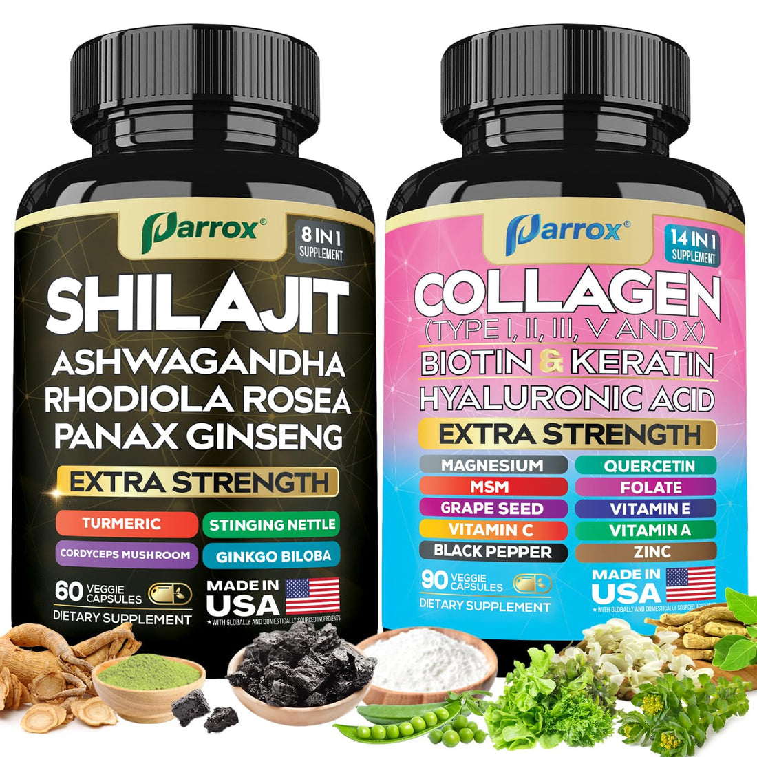 Parrox Adaptogen & Beauty Bundle – Rhodiola, Panax Ginseng, Ashwagandha, Cordyceps, Turmeric, Collagen, Biotin, Keratin, MSM, Hyaluronic Acid, Zinc, Quercetin, Vitamin C, A & E, Folate, Magnesium Parrox Au supplements