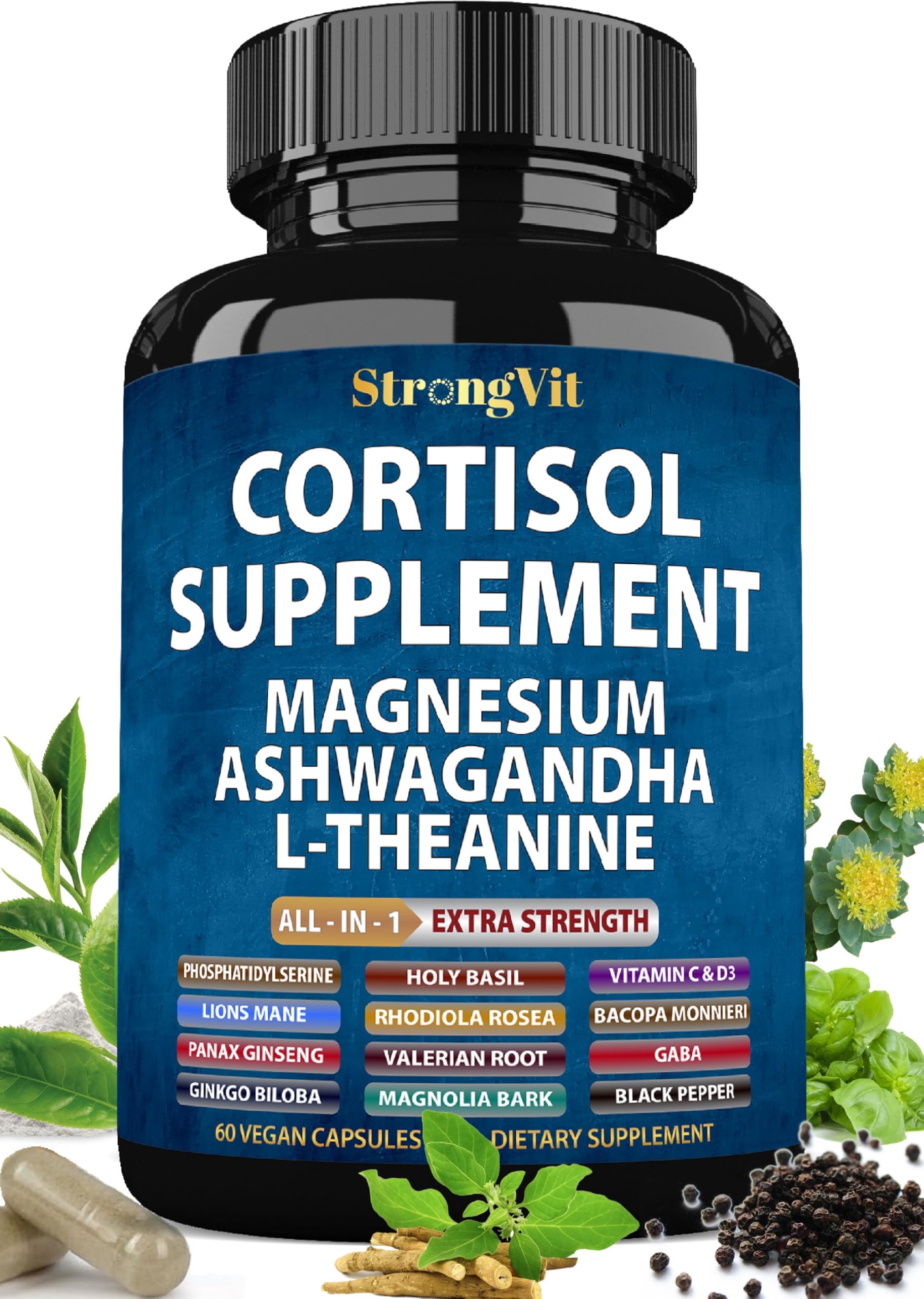 StrongVit Cortisol Supplements for Women and Men with Magnesium, Ashwagandha & L-Theanine. High Cortisol Reducer, Manager, Detox, Lower and Control. Sleep Support & Stress Relief, USA StrongVit Au supplements