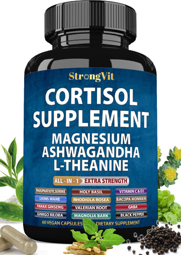 StrongVit Cortisol Supplements for Women and Men with Magnesium, Ashwagandha & L-Theanine. High Cortisol Reducer, Manager, Detox, Lower and Control. Sleep Support & Stress Relief, USA StrongVit Au supplements