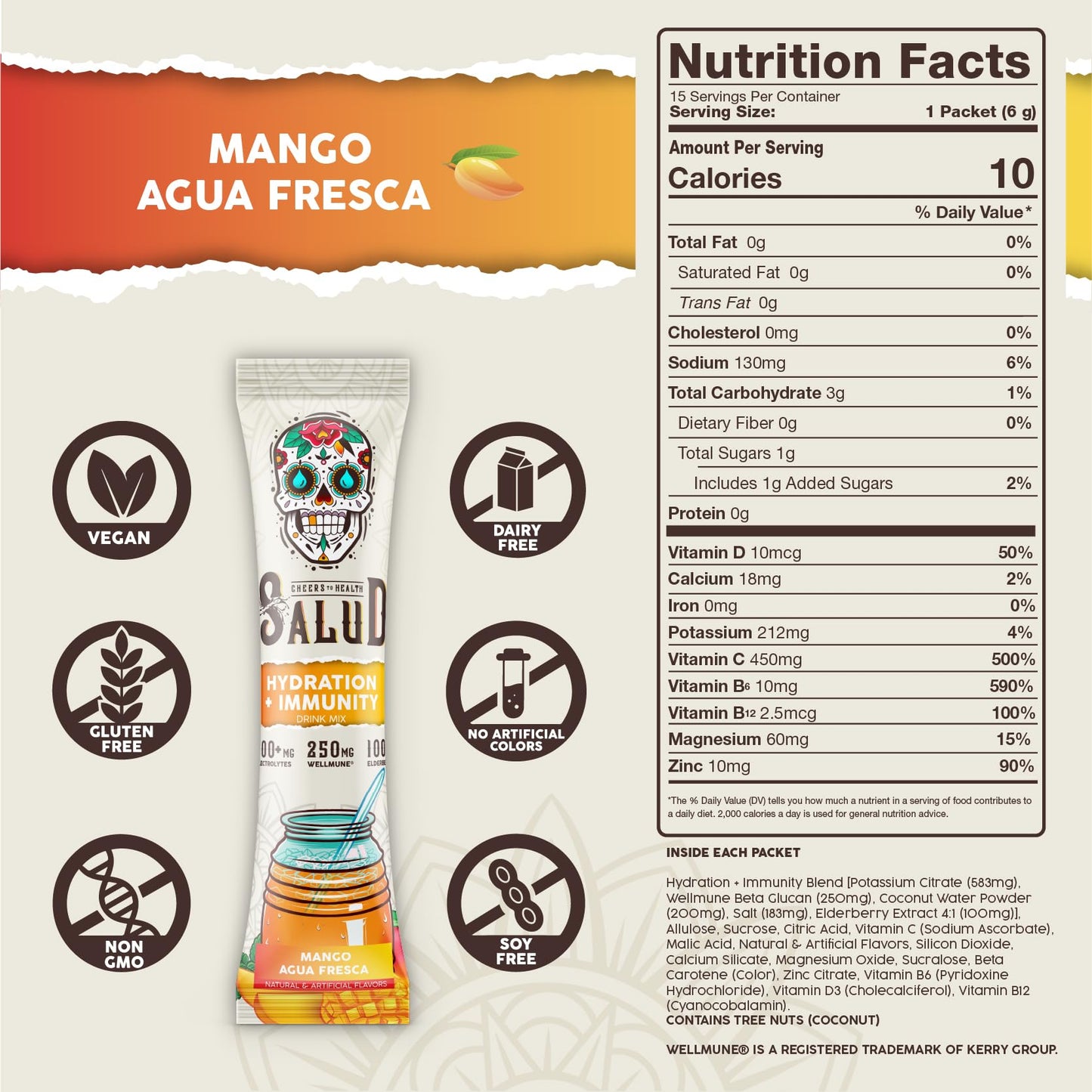Salud 2-in-1 Hydration Packets + Immunity Electrolytes Powder, Mango - Agua Fresca Drink Mix, Elderberry, Dairy & Soy Free, Non-GMO, Gluten Free, Taste SaludUS supplements