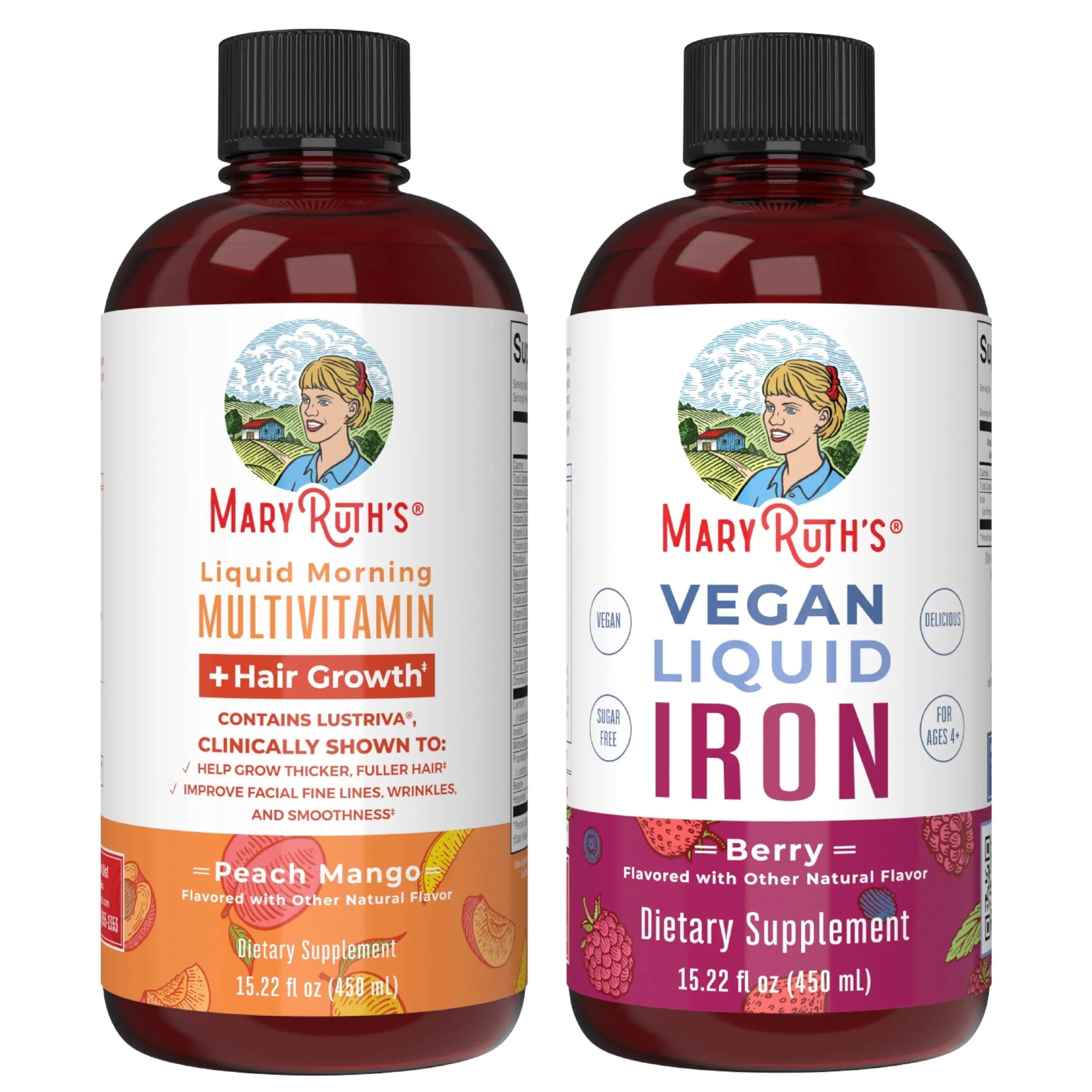 MaryRuth's MaryRuth's Liquid Morning Multivitamin +Hair Growth (Peach Mango, 15.22oz) & Iron Liquid (Berry) | Clean Label Project Verified® | MARYRUTH'S Au supplements