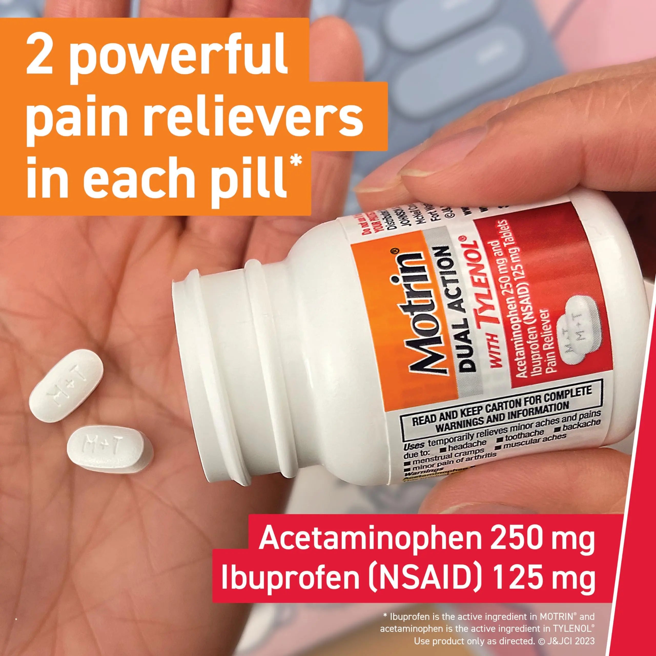 Motrin Dual Action with Tylenol, Fast-Acting Dual Action Pain Reliever with Ibuprofen & Acetaminophen for Minor Aches & Pains, Ibuprofen (NSAID) 125 mg & Acetaminophen 250 mg, 80 ct Motrin Au supplements