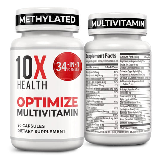 10X Health Optimize Multivitamin for Men - 90 Capsules, Methylated Multivitamin 34 in 1 Formula with 800 mcg of Vitamin B12, 5-MTHF, NAC - Methyl B Complex 10X Health SystemAU supplements