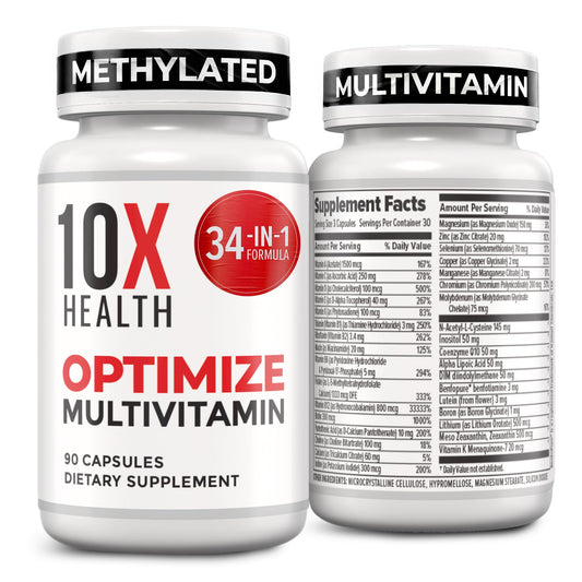 10X Health Optimize Methylated Multivitamin for Men - 90 Capsules, 34 in 1 Formula with 800 mcg of Vitamin B12, 5-MTHF, NAC 10X Health SystemUS supplements