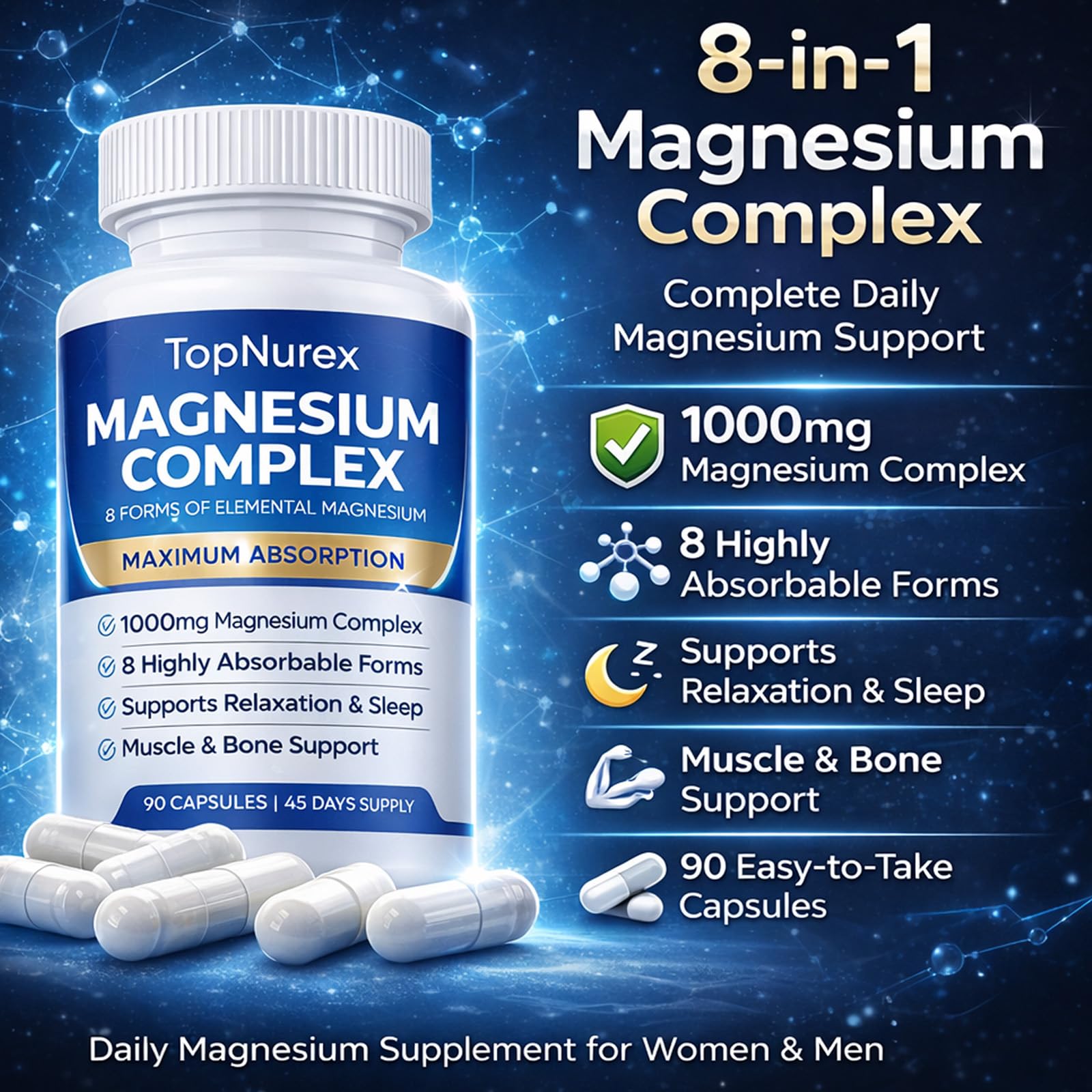 Top Nurex Magnesium Complex Supplement for Women & Men | 1000mg Maximum Absorption | 8 Magnesium Forms Including Glycinate, Citrate, Malate | Supports Relaxation, Sleep, Bone Strength | 90 Capsules Art anime Au supplements
