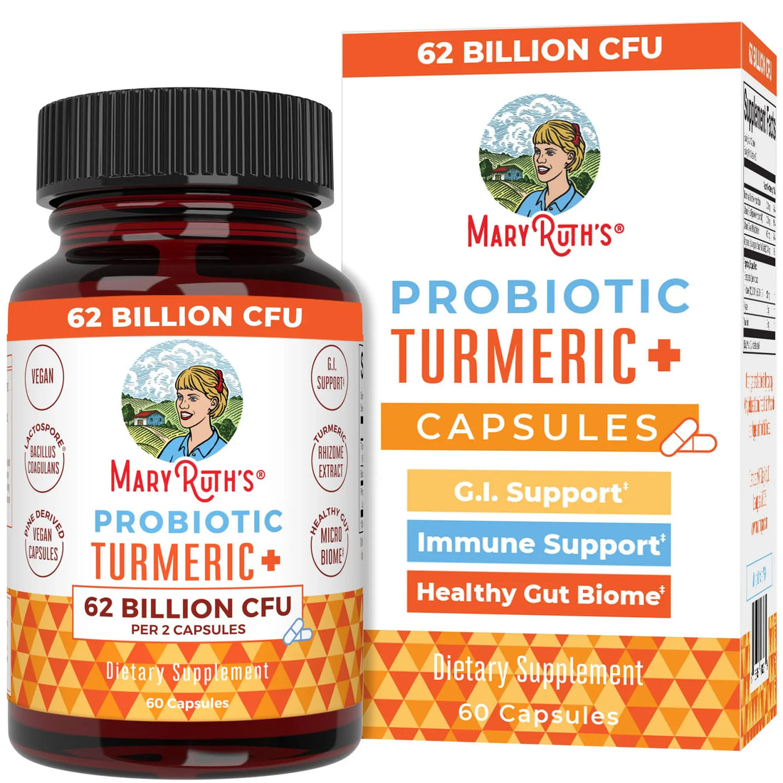MaryRuth Organics Probiotic Turmeric + Extra GI Support | 62 Billion CFU | Organic Ingredients Turmeric Complex with Probiotics | Turmeric Curcumin Capsules for Digestion | Vegan | 60 Count MARYRUTH'S Au supplements