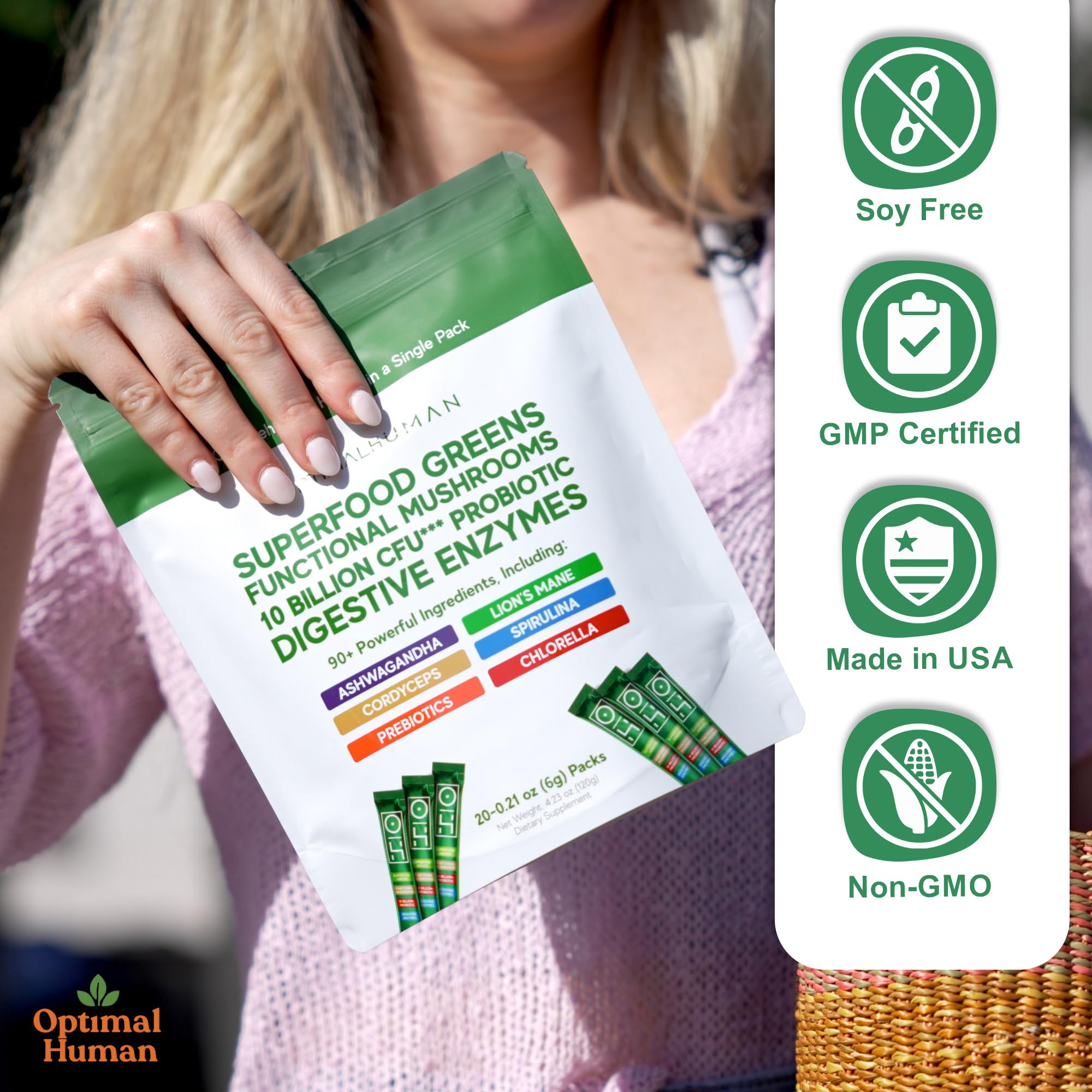 Optimal Human Superfood Greens Powder – 90+ Ingredient Blend with Lion’s Mane Supplement, Ashwagandha & Turmeric – Non-GMO, Soy-Free, Mushroom Supplements for Women – 20 Sachets O H Au supplements