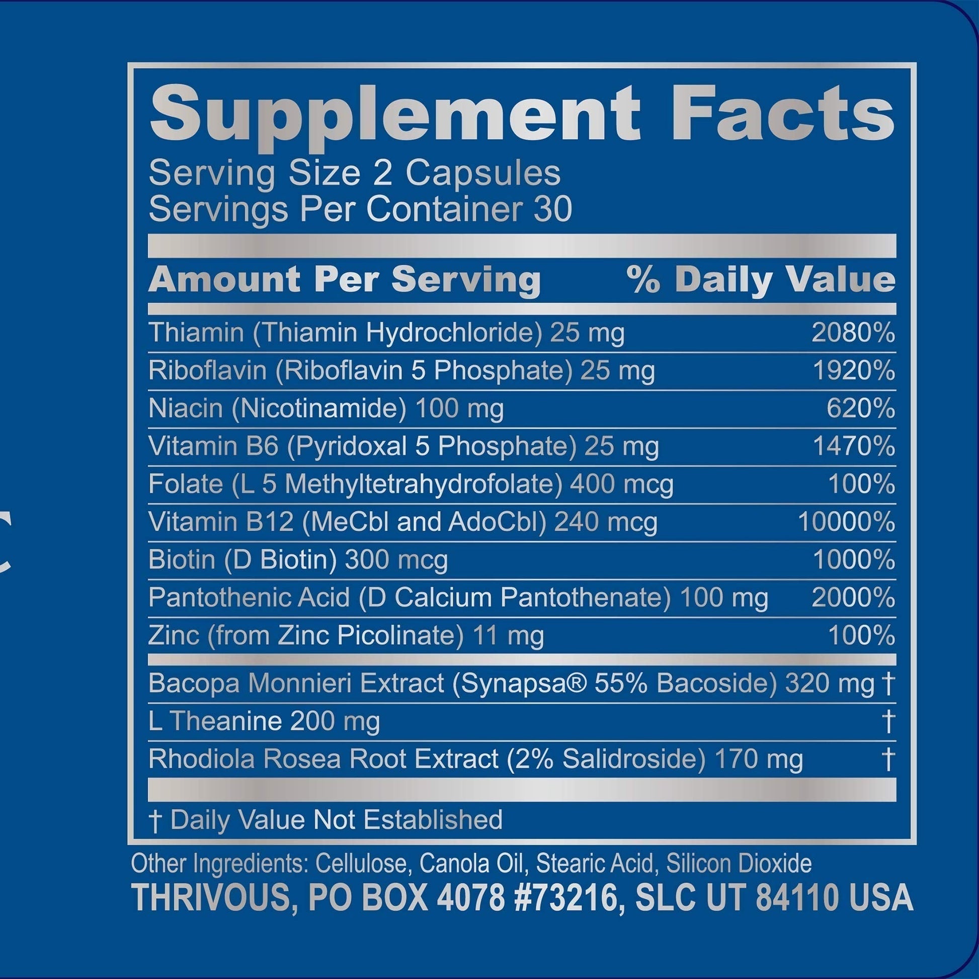 Thrivous Clarity Daily Nootropic – Cognitive Support & Mood Formula with Bacopa (Synapsa®), L-Theanine, Rhodiola Rosea, Vitamin B Complex & Zinc Picolinate – 60 Vegan Capsules Thrivous Au supplements