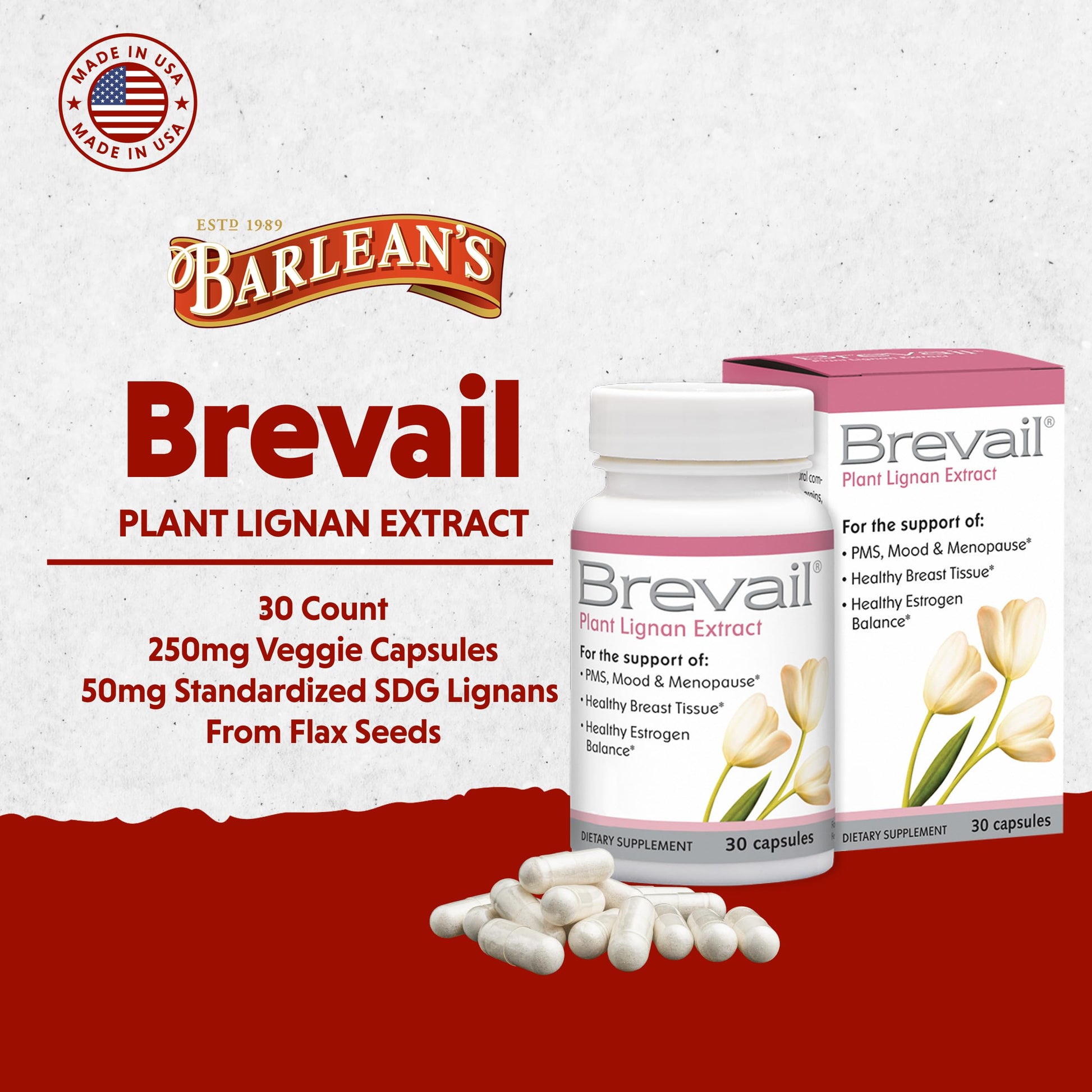 Brevail Plant Lignan Extract Capsules, Proactive Breast Health Supplement with 50 mg SDG Lignans from Flax Seed Hulls for Healthy Estrogen Balance and PMS Mood Support Pills, 30 Count Barlean's Au supplements