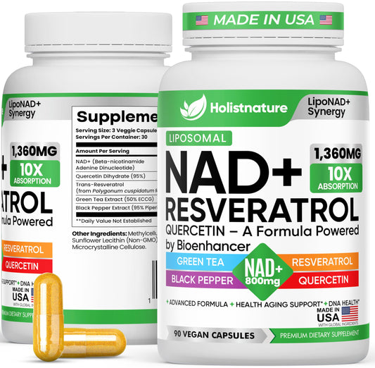 NAD+ Supplement, 1,360mg Max Strength Liposomal | Resveratrol, Quercetin, Green Tea | Cellular Energy & Healthy Aging for Men & Women | 800mg of 100% High Purity NAD+ for Energy, Focus - 90 Capsules HolistnatureAu supplements
