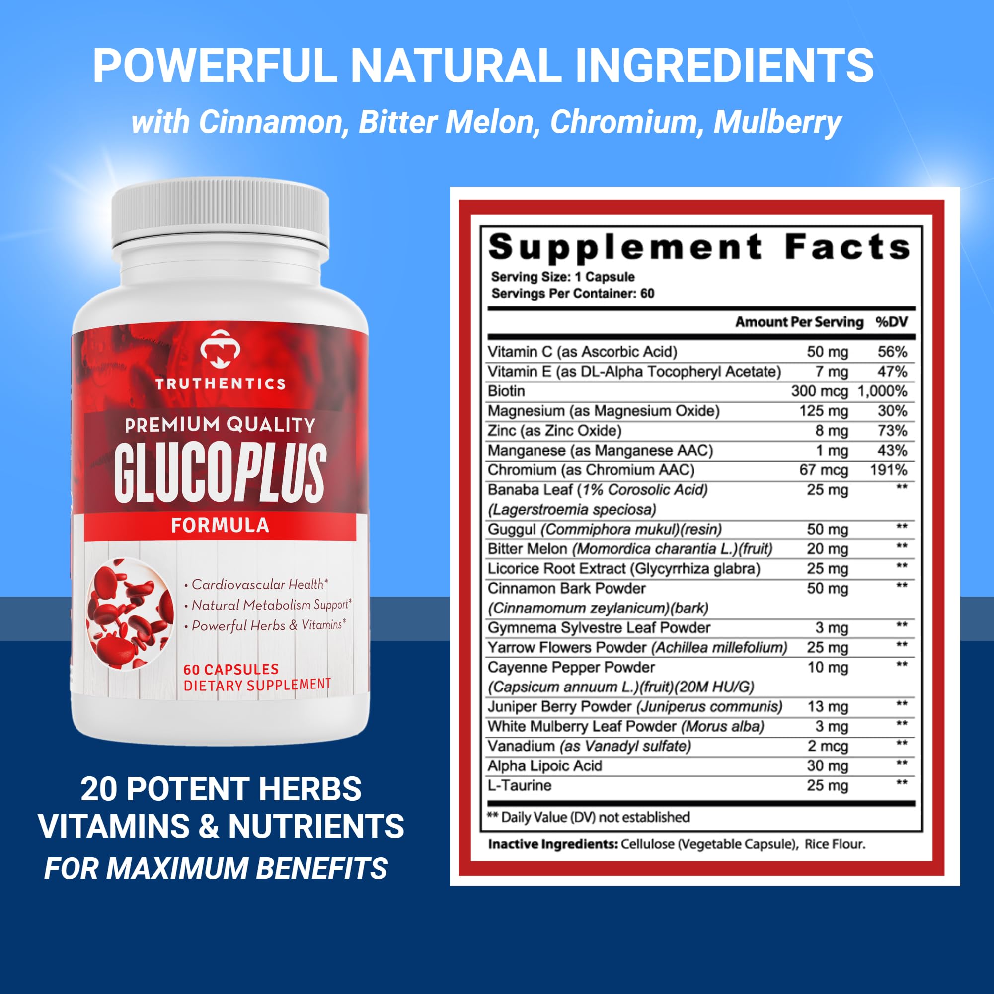 TRUTHENTICS GlucoPlus - 20 Herbs, Vitamins & Minerals with Cinnamon, Chromium, Vanadium, Bitter Melon, Alpha Lipoic Acid, Magnesium - Gluten Free, Non-GMO - 60 Capsules TRUTHENTICS Au supplements