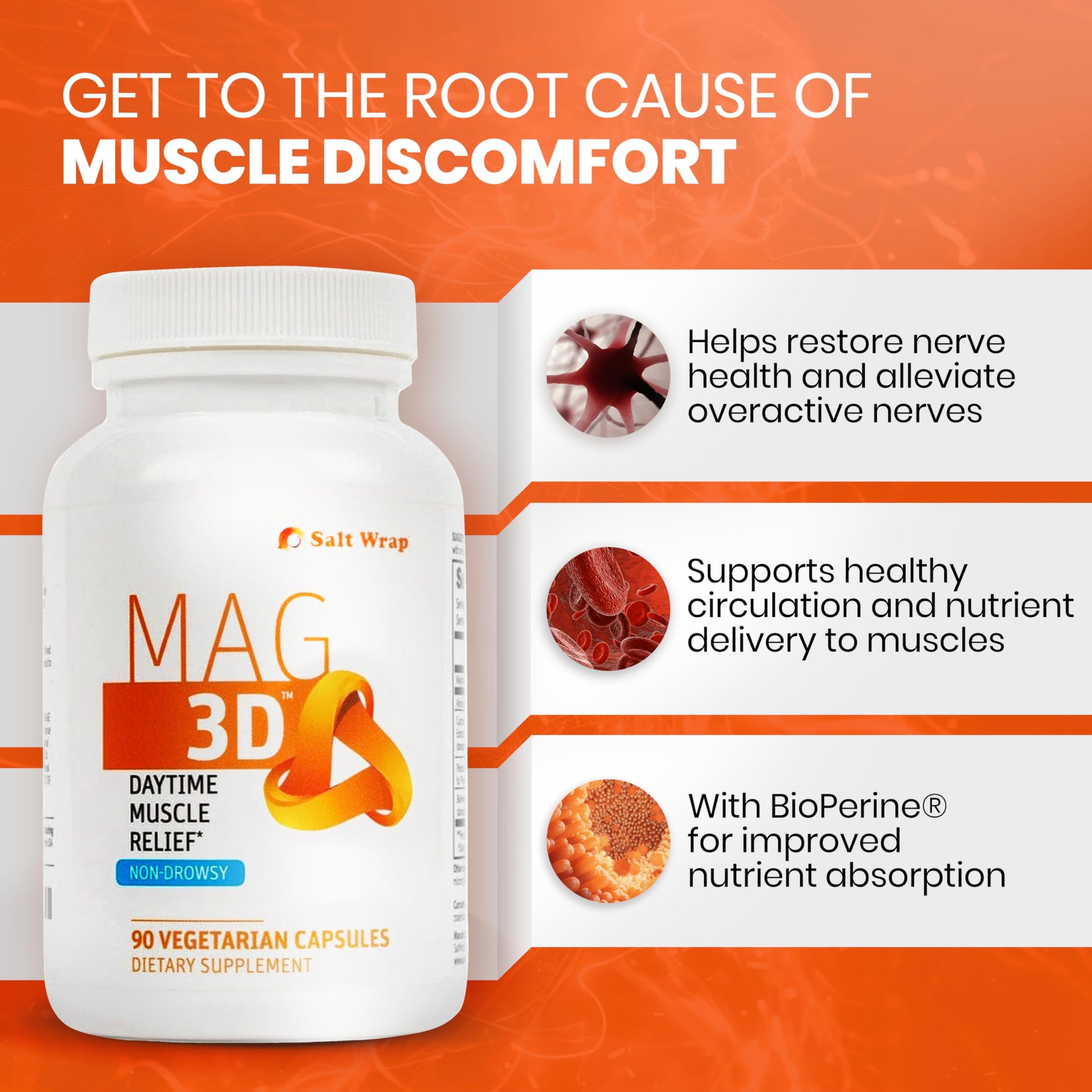 SaltWrap Mag 3D – Daytime (Non-Drowsy) Leg Cramp & Muscle Relief Support - Natural Supplement for Muscle and Nerve Health with Turmeric, Alpha Lipoic Acid & Magnesium SaltWrapAu supplements