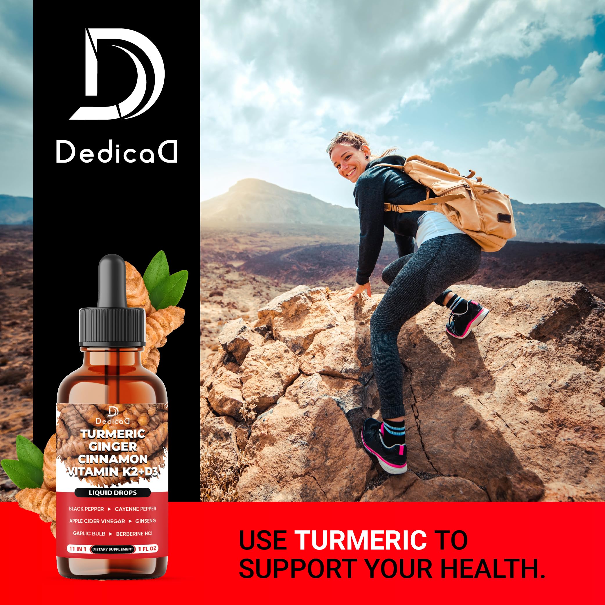 11in1 Liquid Turmeric Supplement – with Ginger, Garlic, Ceylon Cinnamon, Berberine, Ginseng, Apple Cider Vinegar – 1 Fl Oz – 30 Servings DEDICAD Au supplements