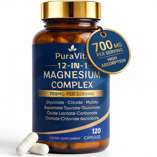 Puravita 12 in 1 Magnesium, Magnesium Complex for Women Men, 700mg High Absorption, Glycinate, Citrate, Malate, Oxide, Taurat, Relaxation & Energy Support, Vegan 120 Capsules (A) PURAVITAAu supplements