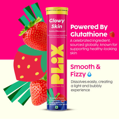 PLIX Glowy Skin 500mg Glutathione Supplement with Hyaluronic Acid, Vitamin C, E & Berries | 30 Effervescent Tablets, Strawberry Flavor PLIX - THE PLANT FIXAu supplements