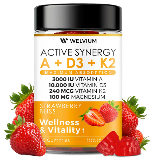 WELVIUM Vitamin D3 K2 Gummies 10000 IU with Magnesium Glycinate, Calcium, B12, K2 MK-7, Vitamins A, E, Lutein, Zeaxanthin - ADK Chewable Supplement for Bone, Eye, Immune Support - D3K2 Gummies WELVIUMAU supplements