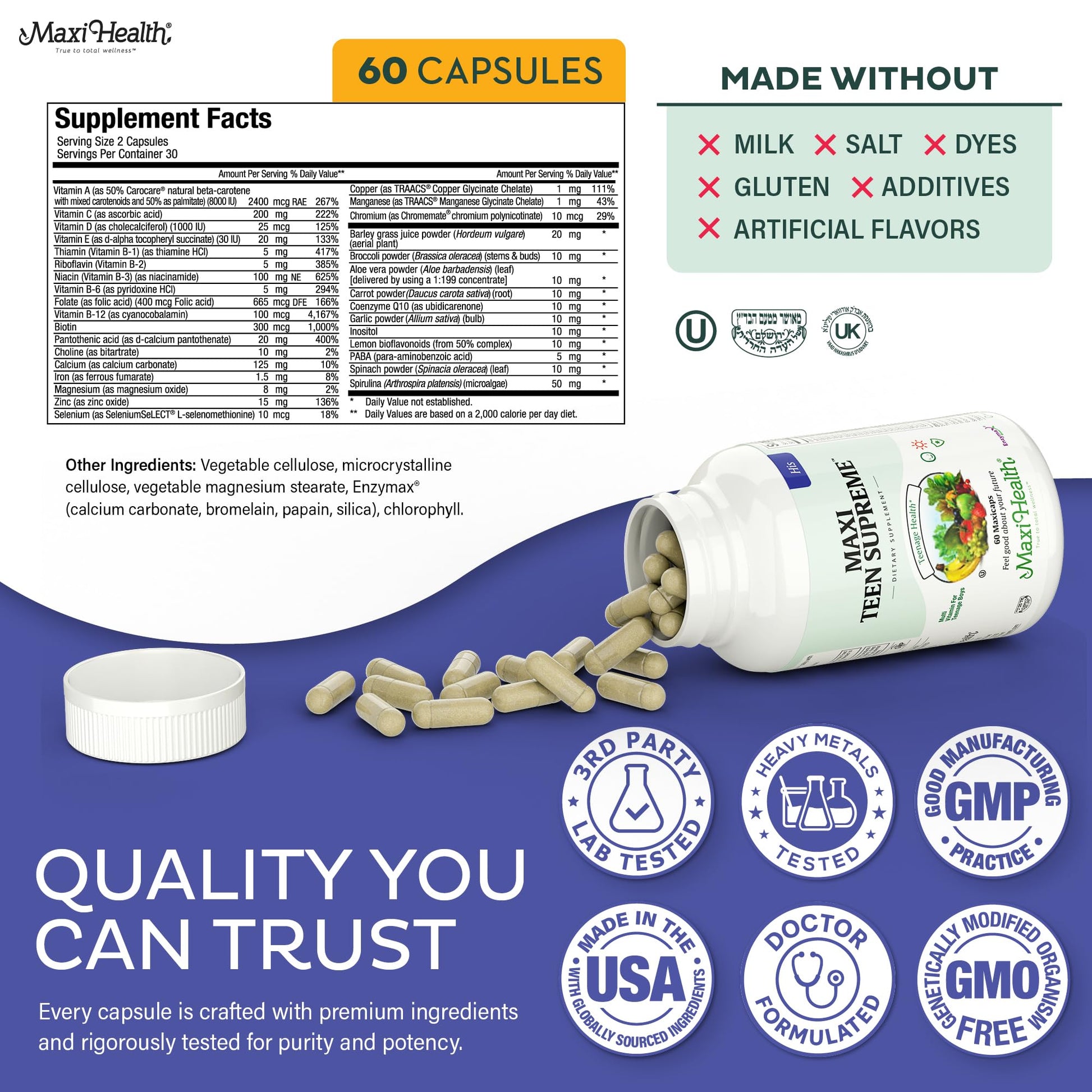 Teen Vitamins for Boys 12-17 - Teen Multivitamin Supreme with D3, Iron, Calcium, Biotin, Digestive Enzymes Maxi Health Au supplements