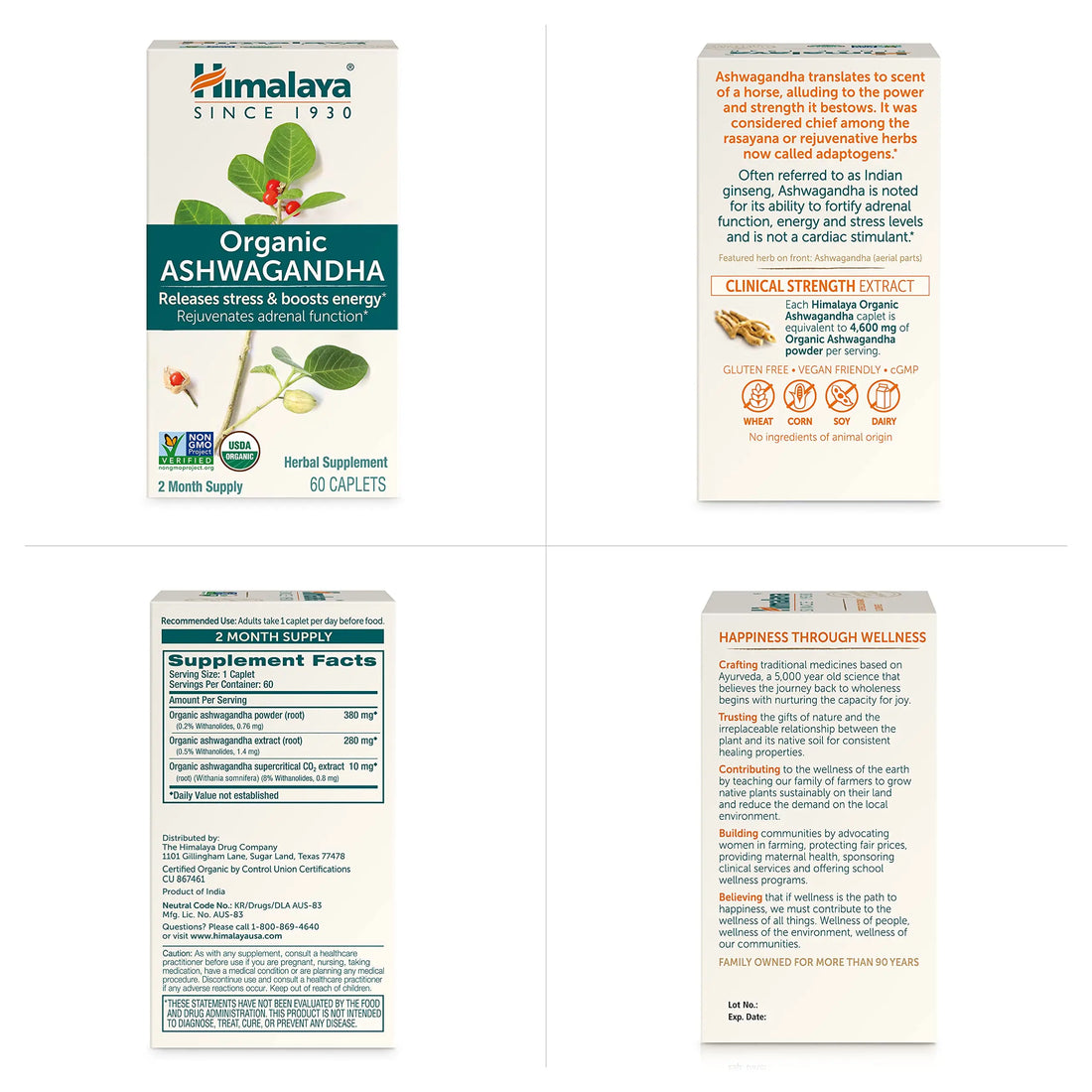 Himalaya Organic Ashwagandha Root, 120 Day Supply - Herbal Adrenal Support Supplements for Stress Relief and Energy Support - USDA Organic, Non-GMO, Vegan, Gluten Free, 60 Caplets, 2 Pack Himalaya uk supplements