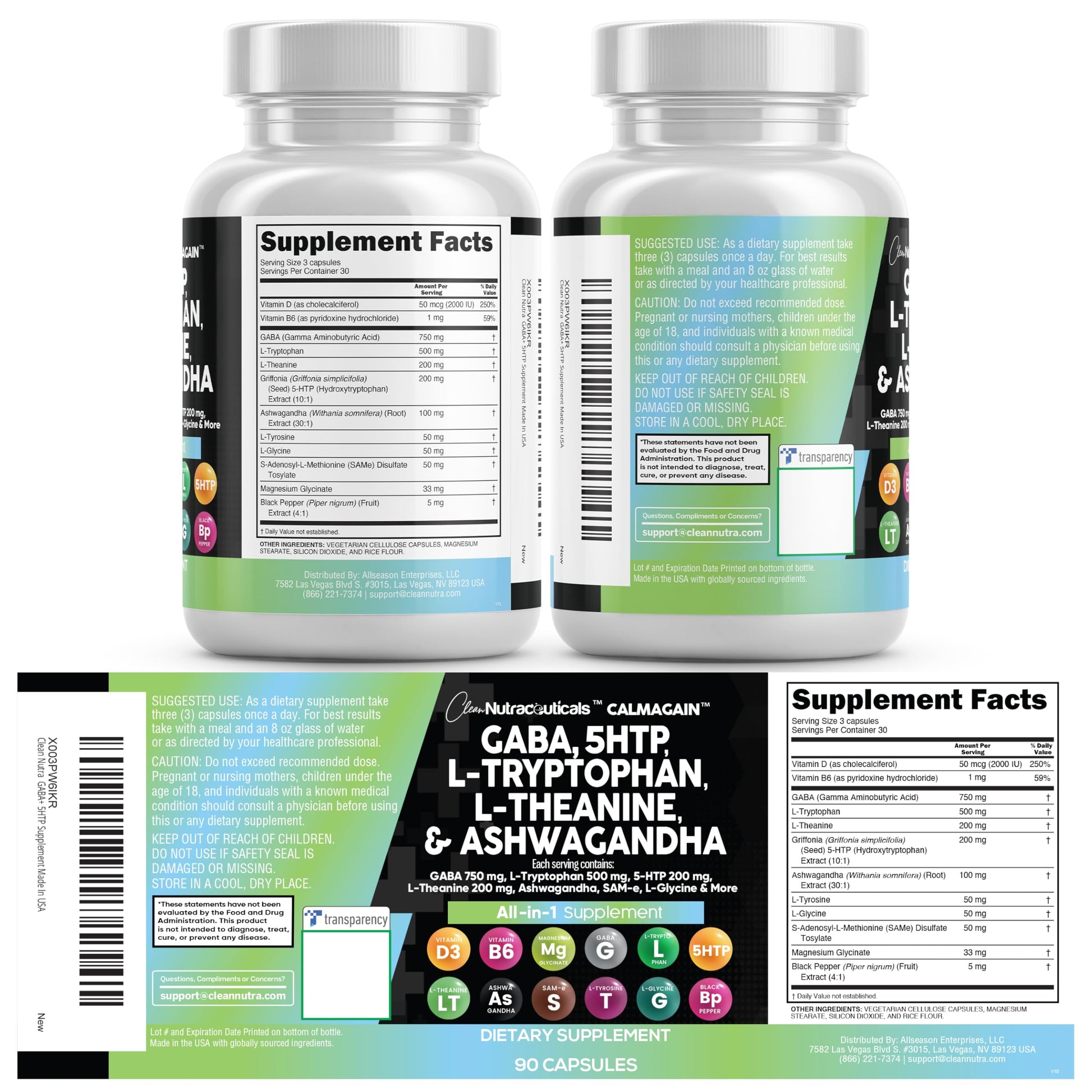 Clean Nutraceuticals GABA 750mg 5 HTP 200mg L Tryptophan 500mg L Theanine 200mg Ashwagandha SAM-e L-Glycine - Mood Support Vitamins for Women and Men with L-Tyrosine 5-HTP (5-Hydroxytryptophan) Clean Nutraceuticals buy supplements Au