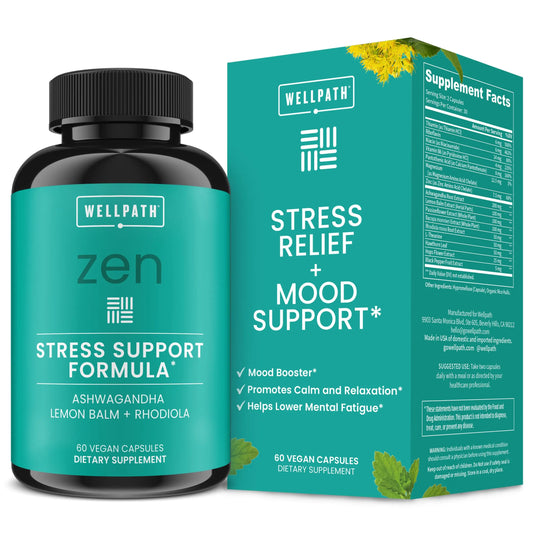 WellPath Zen Stress Relief Supplement + Mood Support | Calm, Stress & Energy Support | Ashwagandha Root, Rhodiola Rosea, L-Theanine, Lemon Balm | Herbal Capsules, 60 Ct WellPathAU supplements