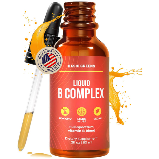BASIC GREENS Vitamin B Complex Liquid Drops - Strength Sublingual Formula, Maximizes Absorption & Boosts Energy - B1, B2, B3, B5, B6, B7, B9, B12 - Natural Vegan Supplement BASIC GREENSUS supplements