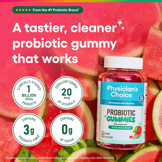 Physician's CHOICE Probiotic Gummies with Vitamin D & Prebiotic Fiber - Sugar Free - 1B CFUs of Clinically Studied Probiotic - Supports Immune & Gut Health Physician's CHOICEUS supplements