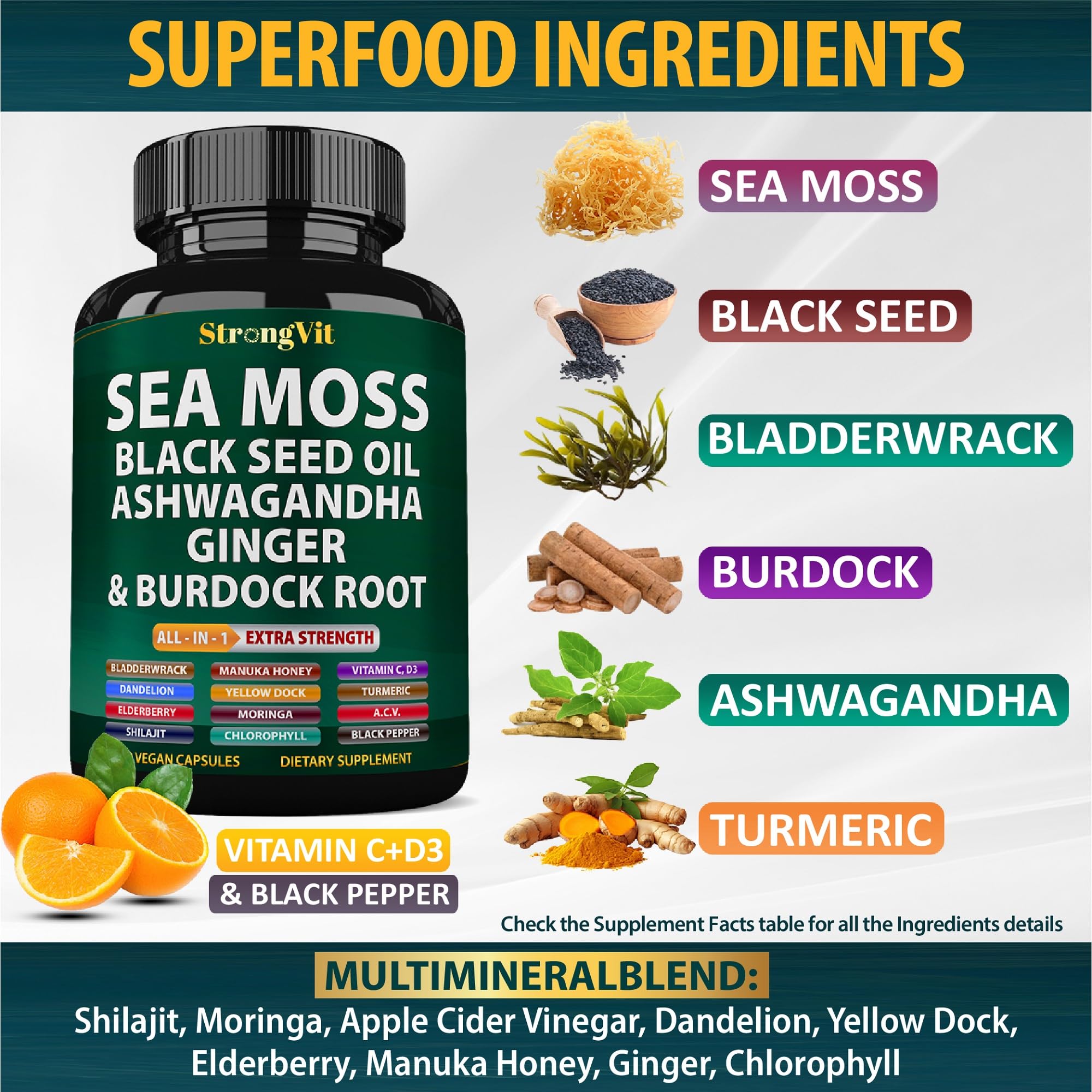 StrongVit Sea Moss Black Seed Oil Ashwagandha Ginger, Organic Sea Moss Capsules with Burdock Root, Irish Seamoss Pills with Bladderwrack, Advanced Multimineral Supplement, USA StrongVit Au supplements