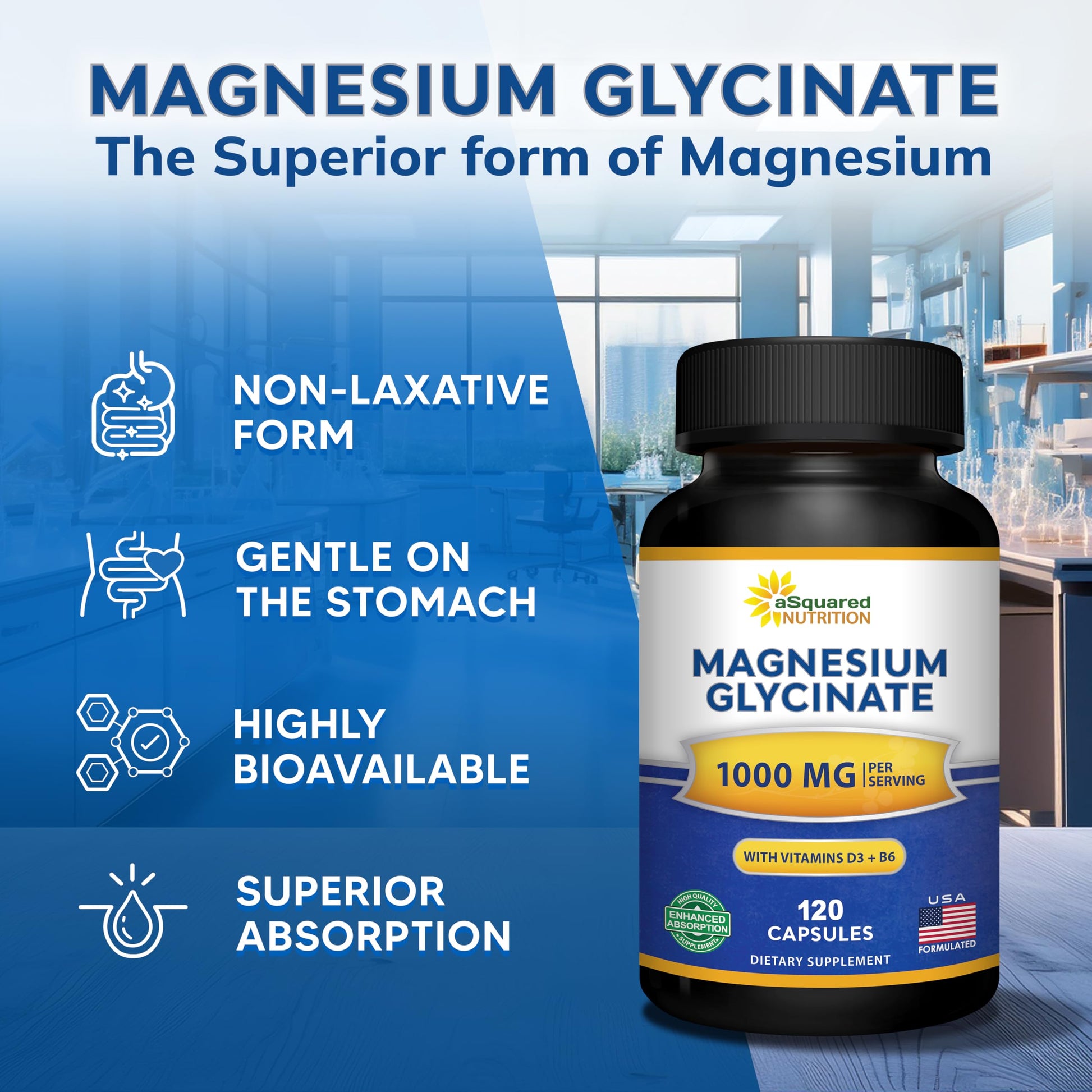 Magnesium Glycinate 1000mg with Vitamin D3 & B6-500mg per Capsule - Pure Elemental Mag Supplement Complex for Sleep, Muscle, Bone Health - Replace Gummies, Tablets & Powder - 120 Capsules aSquared Nutrition Au supplements