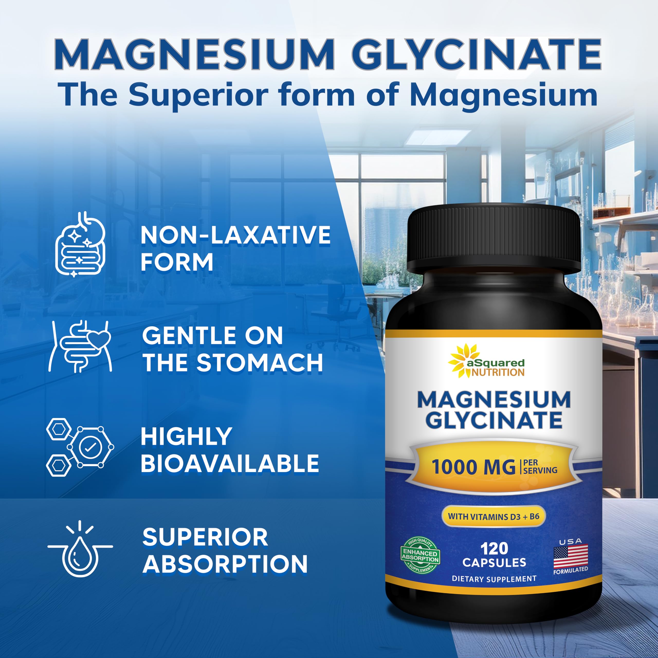 Magnesium Glycinate 1000mg with Vitamin D3 & B6-500mg per Capsule - Pure Elemental Mag Supplement Complex for Sleep, Muscle, Bone Health - Replace Gummies, Tablets & Powder - 120 Capsules aSquared Nutrition Au supplements