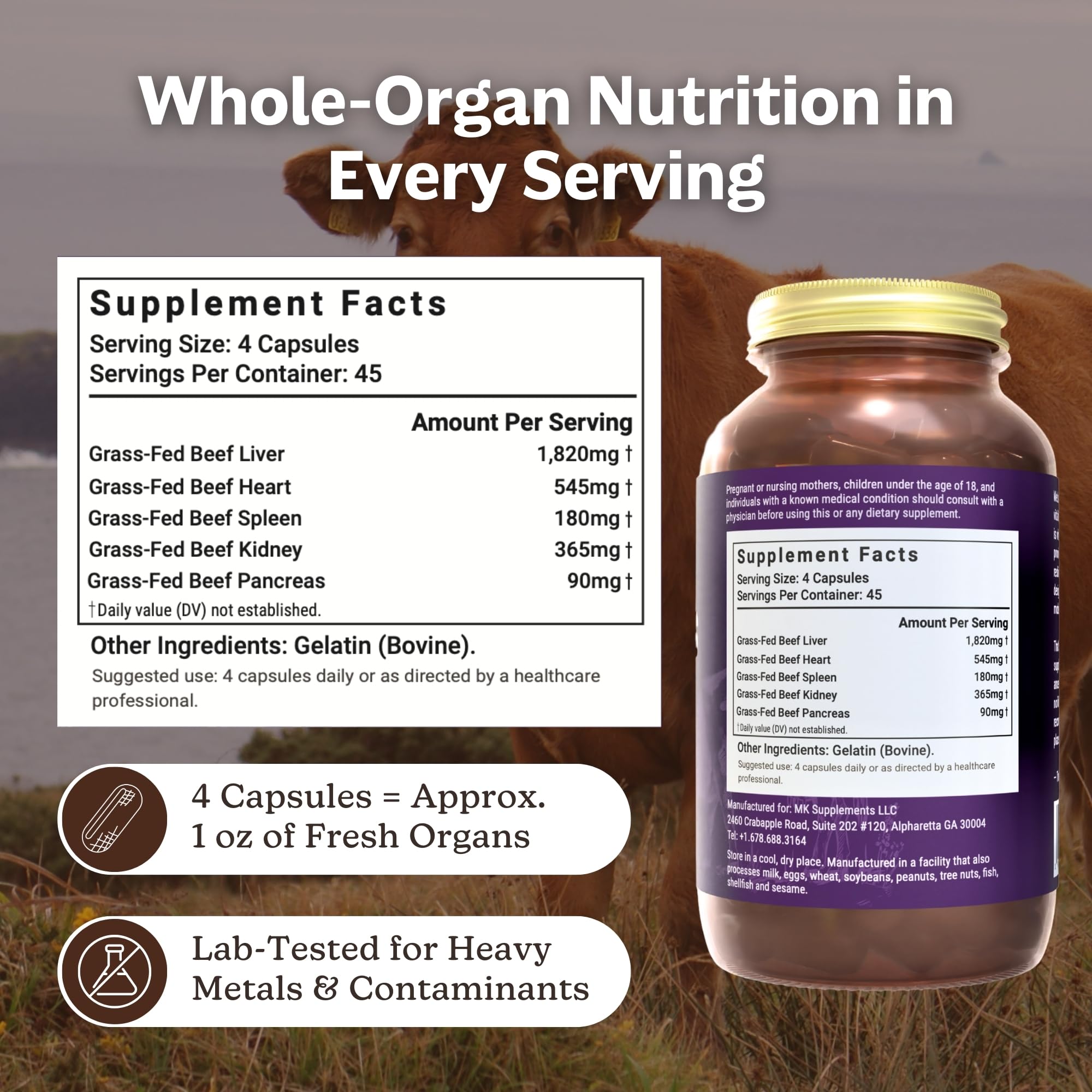 MK Supplements Grass-Fed Beef Organs Capsules | 5 Organs in Nature-Identical Ratios | B12, Copper & Heme Iron | Regeneratively Raised | 150 Capsules MK Supplements Au supplements