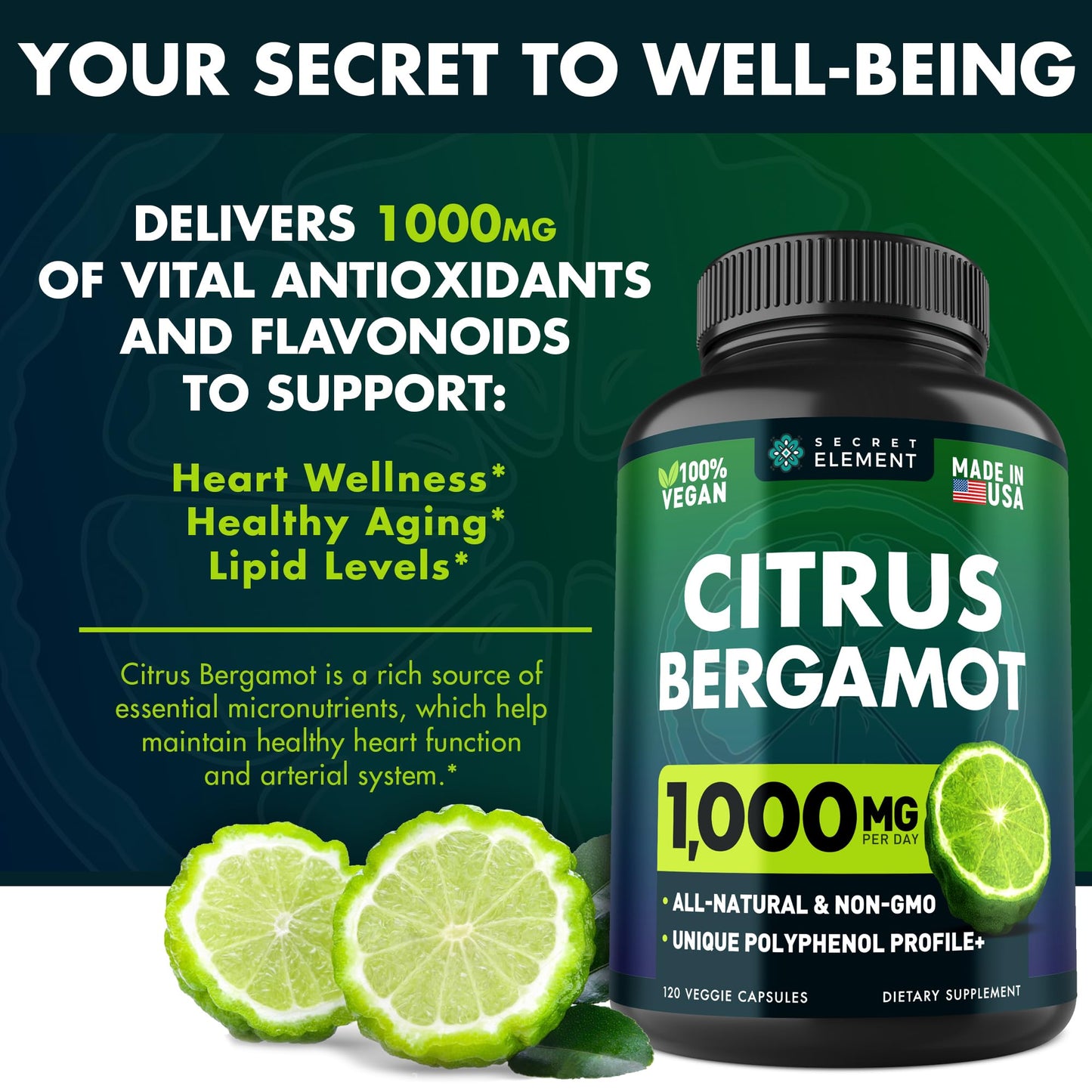 (2 PACK) Citrus Bergamot Extract 1000mg - Citrus Bergamot Supplement for Circulatory Health, Immunity, and Graceful Aging - 2x the potency of Citrus Bergamot 500mg Secret ElementUS supplements