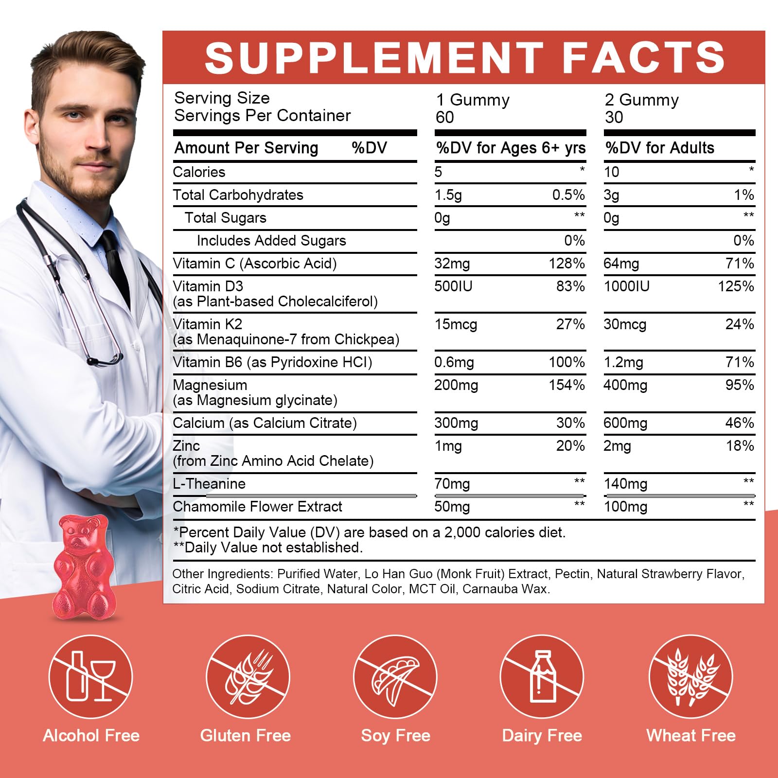 Magnesium Glycinate Gummies for Kids & Adults - Relaxation & Cognition Support - 400/200mg Magnesium Supplement with L-Theanine, Chamomile, B6, D3 & K2 - Vegan, Sugar Free, Strawberry Flavor, 60 Ct WOGORGT Au supplements