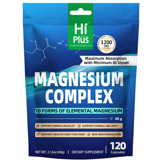 Magnesium Complex Supplement with 10 Forms of Elemental Magnesium, 1200 mg per Serving, Magnesium Glycinate, Citrate, Malate & Taurate, High Absorption Vegan Capsules, Non-GMO HiPlusAu supplements