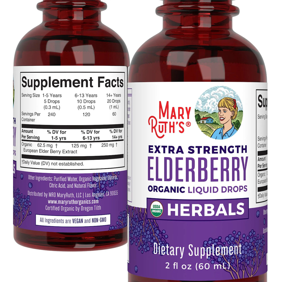 MaryRuth Organics Elderberry Syrup Extra Strength, USDA Organic Elderberry, Sugar Free Adults & Kids Immune Support Supplement for Ages 1+, Clean Label Project Verified®, Vegan, Gluten Free, 2 Fl Oz MARYRUTH'S Au supplements