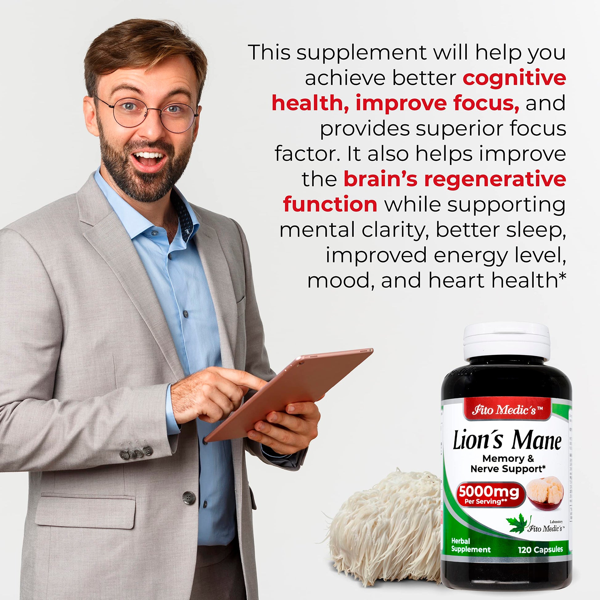 Lab | Lions Mane | 5000 mg per Serving | 120 Capsules | lions mane supplement | lions mane FITO MEDIC'S Au supplements