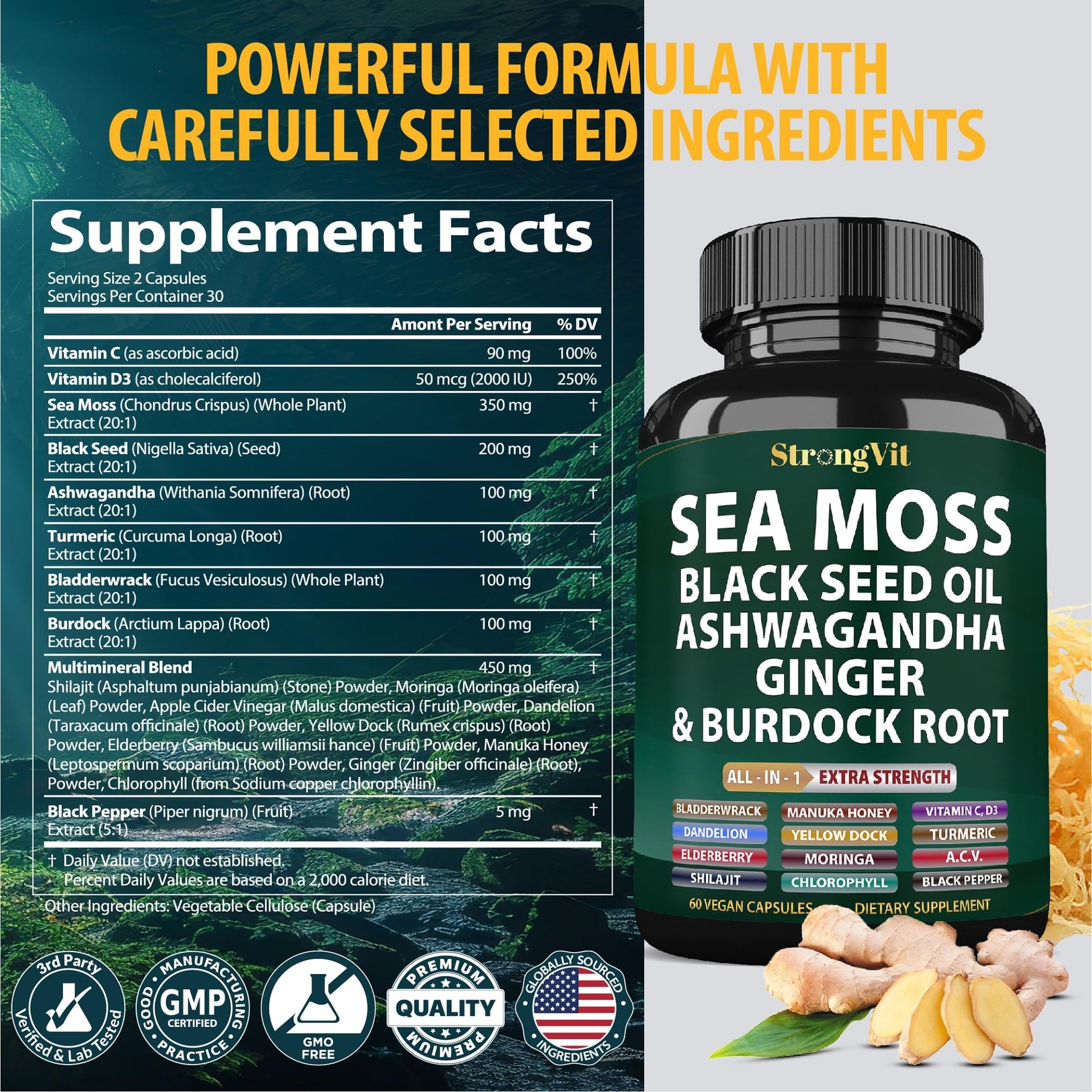 StrongVit Sea Moss Black Seed Oil Ashwagandha Ginger, Organic Sea Moss Capsules with Burdock Root, Irish Seamoss Pills with Bladderwrack, Advanced Multimineral Supplement, USA StrongVit Au supplements
