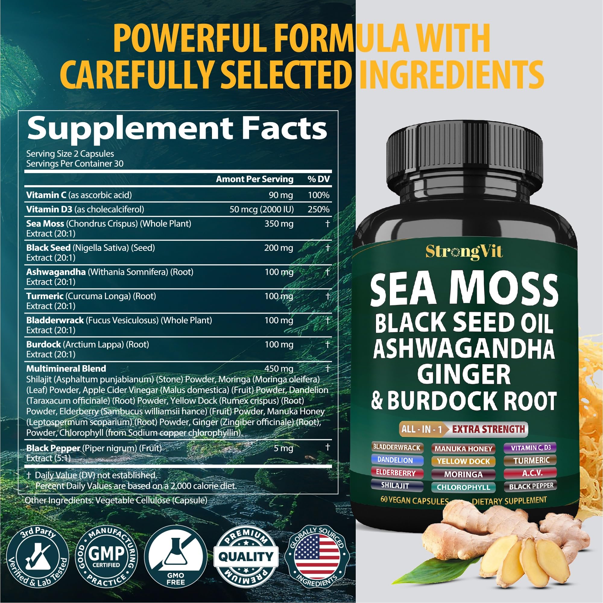 StrongVit Sea Moss Black Seed Oil Ashwagandha Ginger, Organic Sea Moss Capsules with Burdock Root, Irish Seamoss Pills with Bladderwrack, Advanced Multimineral Supplement, USA StrongVit Au supplements
