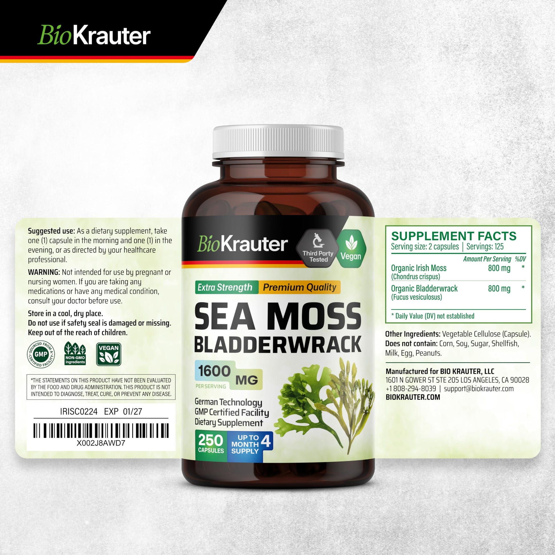 BIO KRAUTER® 2-in-1 Sea Moss for Thyroid Support - Vegan Bladderwrack & Sea Moss Capsules for Women & Men - Natural Сhondrus Сrispus Seaweed Supplement 1600 mg - 125 Days of Supply, Non-GMO BIO KRAUTER Au supplements