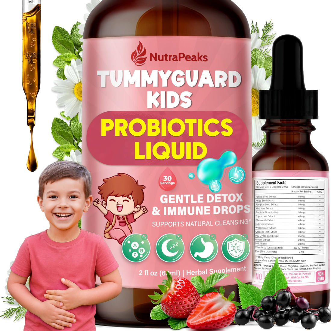 NutraPeaks Kids Liquid Botanical Drops – Natural Blend with Prebiotics, Chamomile, Ginger & Elderberry – Sugar-Free, Alcohol-Free, Non-GMO – 2 fl oz NutraPeaks Au supplements