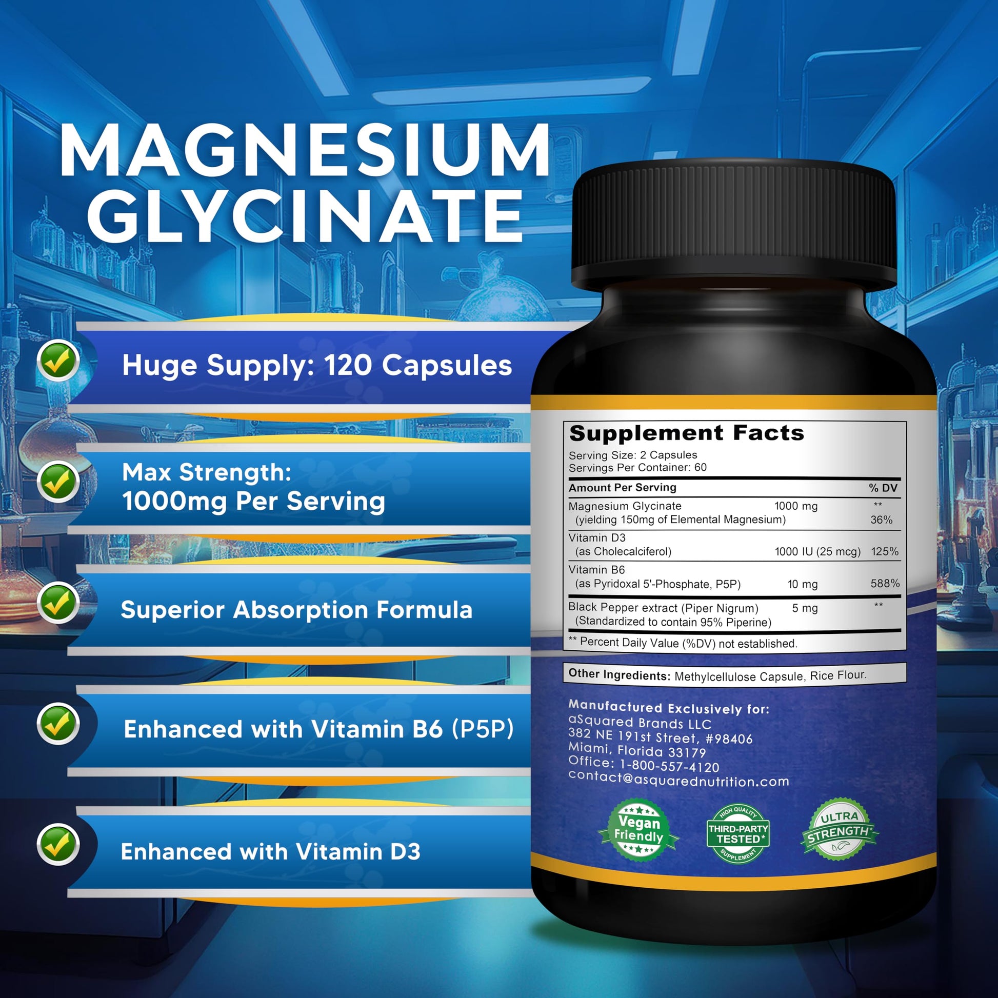 Magnesium Glycinate 1000mg with Vitamin D3 & B6-500mg per Capsule - Pure Elemental Mag Supplement Complex for Sleep, Muscle, Bone Health - Replace Gummies, Tablets & Powder - 120 Capsules aSquared Nutrition Au supplements