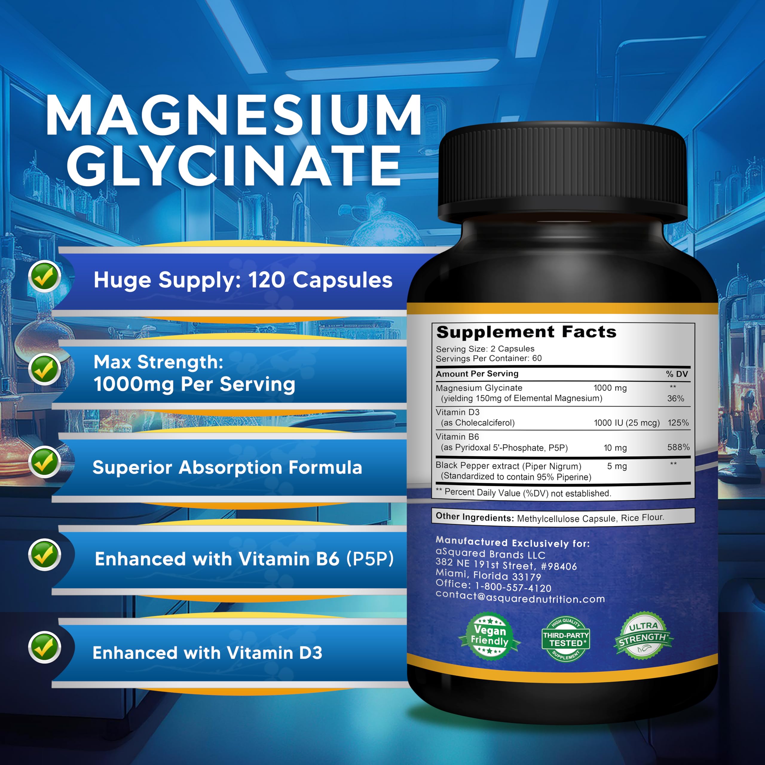 Magnesium Glycinate 1000mg with Vitamin D3 & B6-500mg per Capsule - Pure Elemental Mag Supplement Complex for Sleep, Muscle, Bone Health - Replace Gummies, Tablets & Powder - 120 Capsules aSquared Nutrition Au supplements